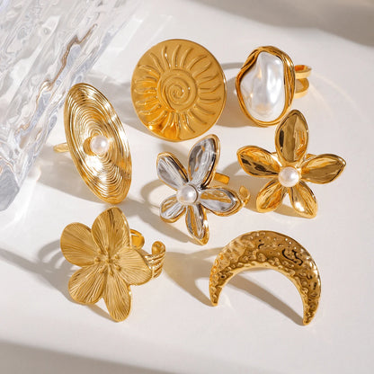 J&D Chunky Luxury Stainless Steel 18K Gold Plated Big Baroque Pearl Moon Sun Floral Irregular Rings