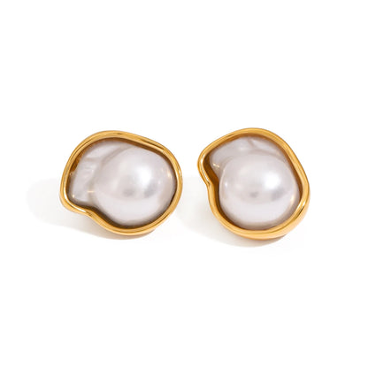 J&D Ladies 18K Gold Stainless Steel Resin High Bright Shell Pearl Shaped Stud Earrings Elegant Style