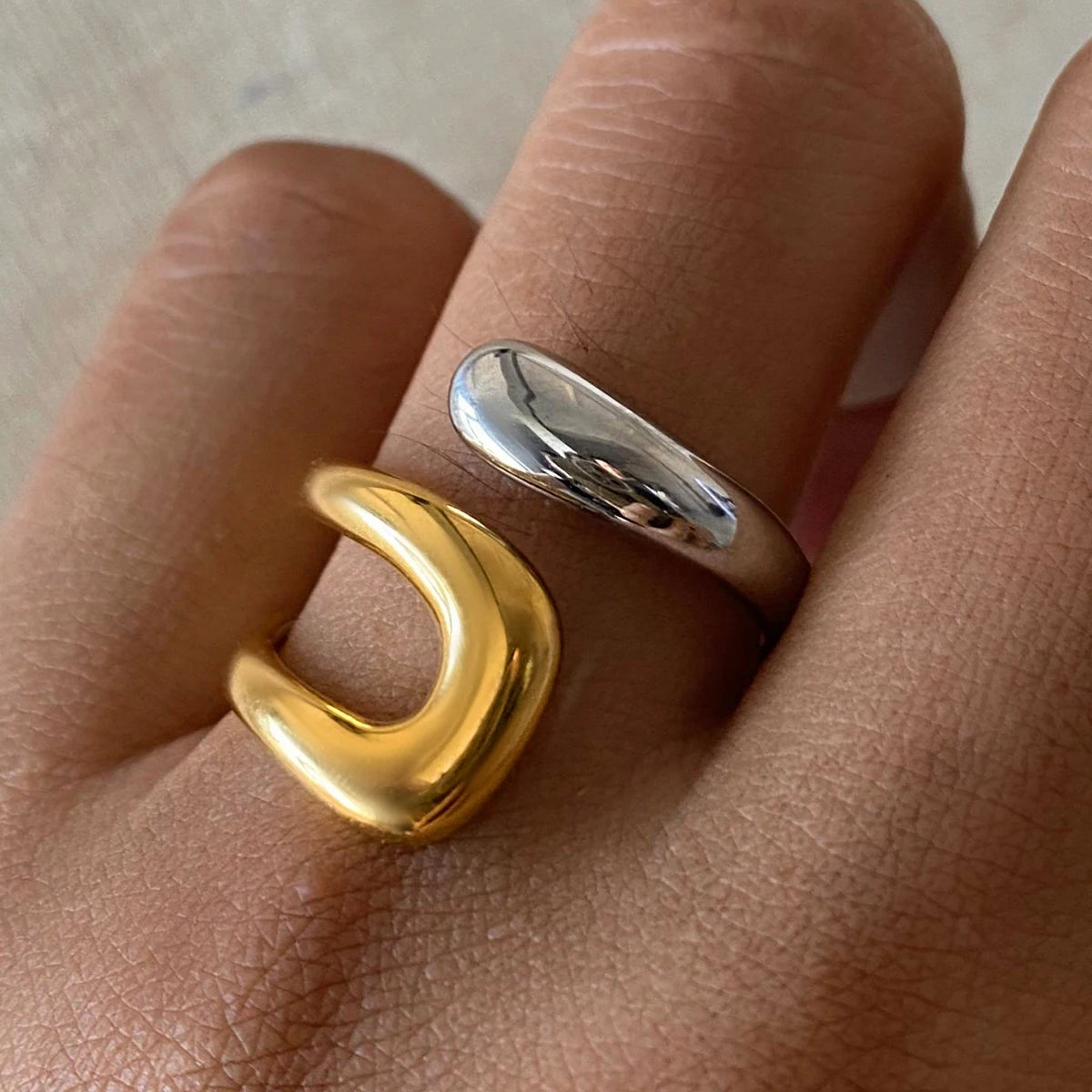 J&D Design Two-tones Ring 18K PVD Gold Plated Stainless Steel  Ring Two Tone Colorblock Cross Asymmetric Open Ring