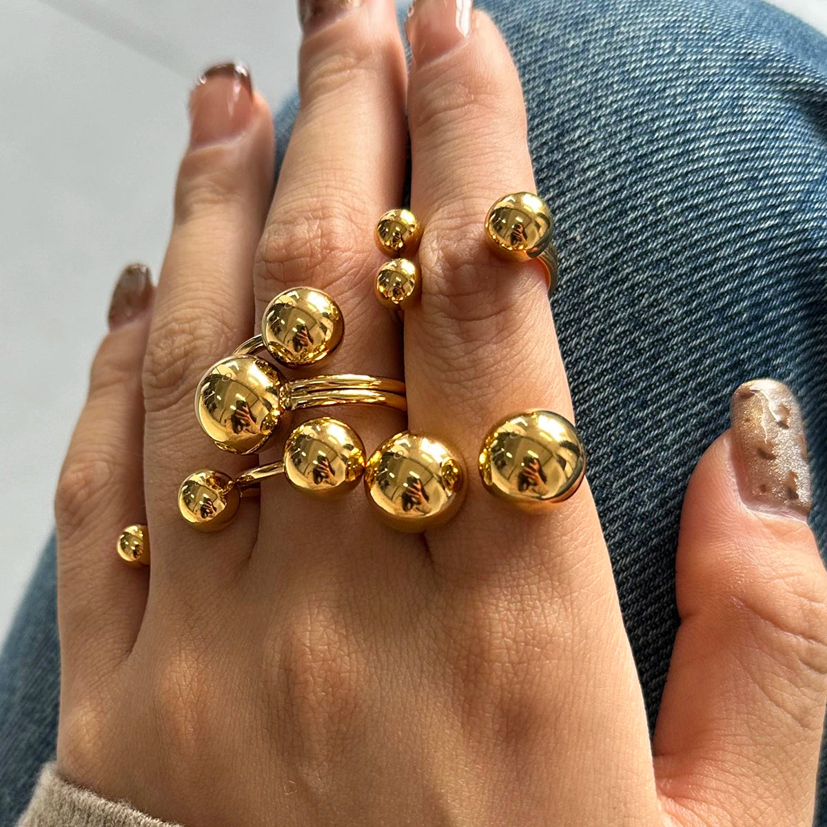 J&D Minimalist Jewelry 18K Gold Plated Ball Rings Stainless Steel  Metallic Ball Universe Design Chunky Opening Ring