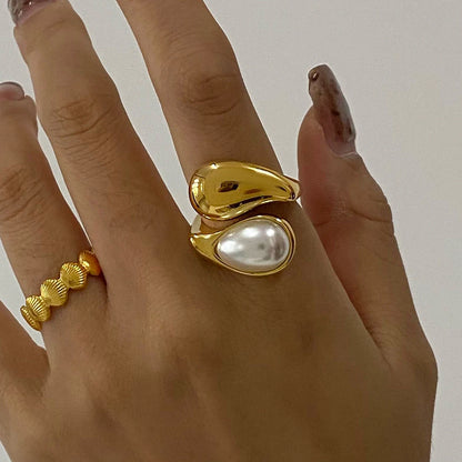 J&D Elegant Style Faux Pearl Drop Ring 18K Gold Stainless Steel Waterdrop Inlaid Minimalist Fashion Open Ring for Women