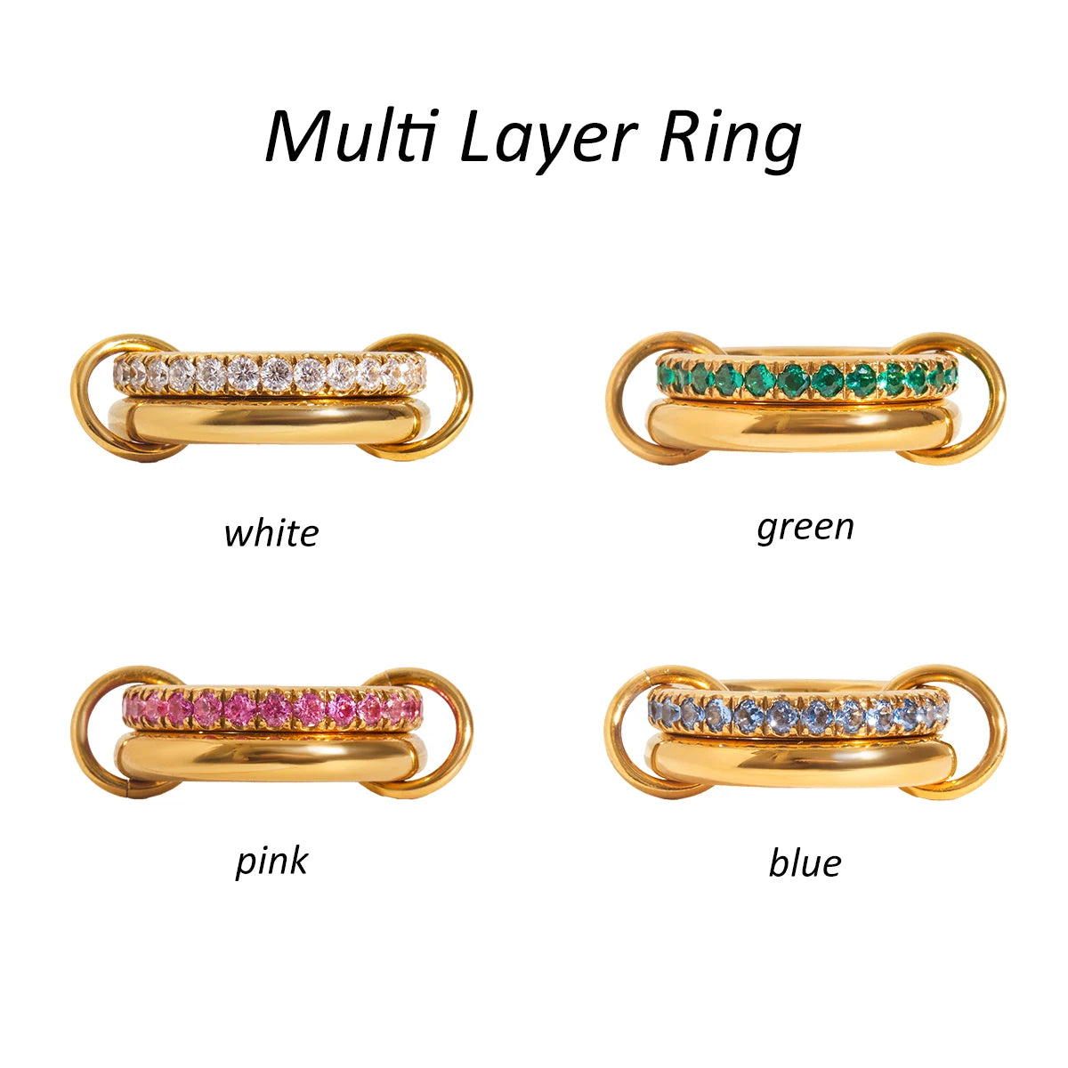 JD 18K PVD Gold Plate Stainless Steel Rings Sweet Romantic Spinel Double Layer Interlocking Ring