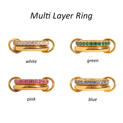 JD 18K PVD Gold Plate Stainless Steel Rings Sweet Romantic Spinel Double Layer Interlocking Ring