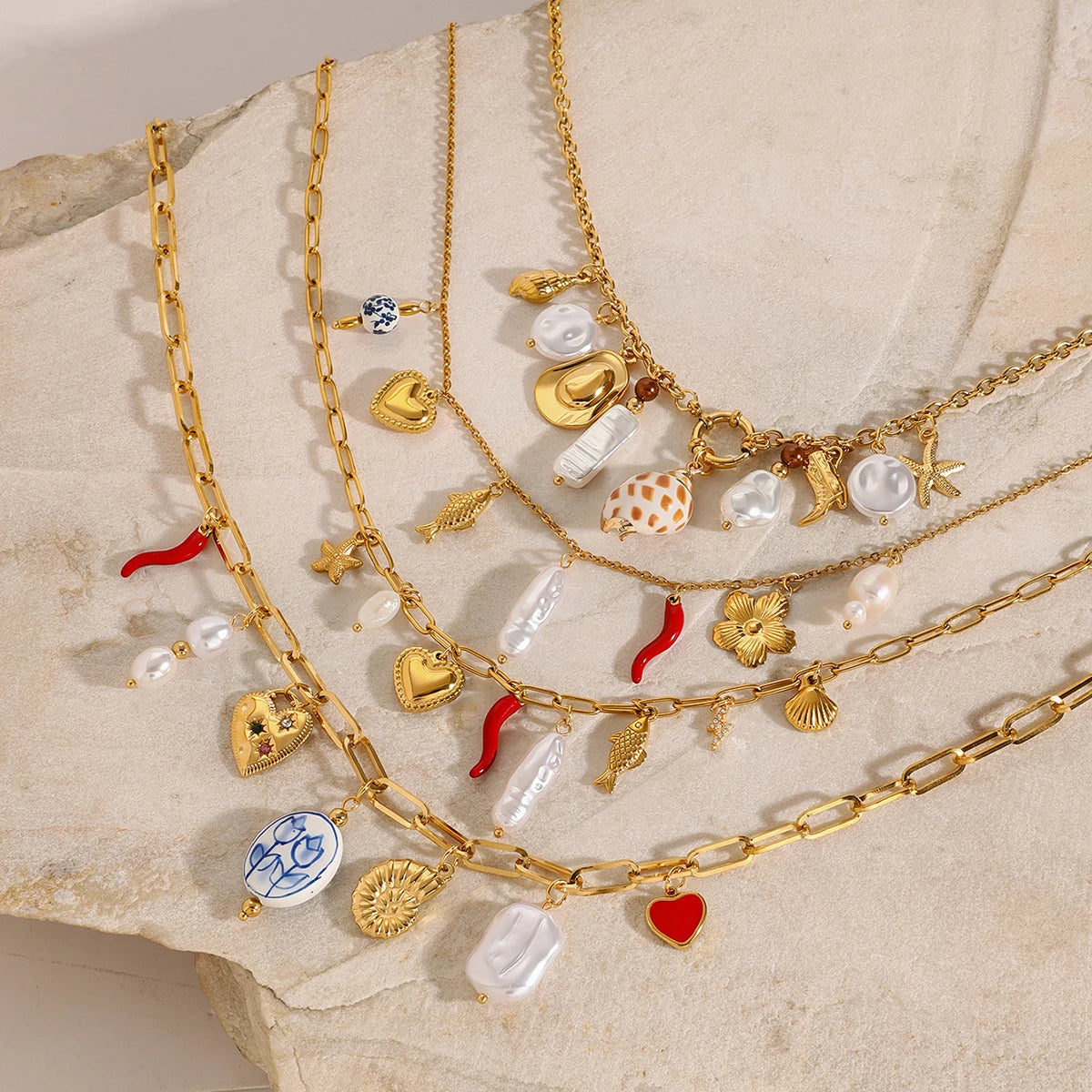 J&D Summer Ocean Style 18K Gold Stainless Steel DIY Shell Ceramic Coral Starfish Pearl Charms Necklaces