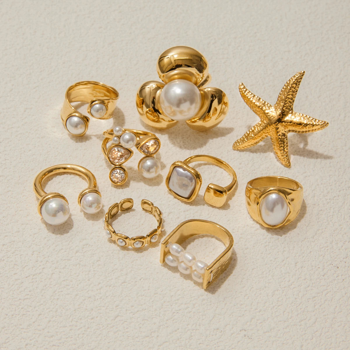J&D Starfish Ring Stainless Steel Irregular White Zirconia Pearl Floral Accent Open Band Adjustable Ocean Inspired Jewelry