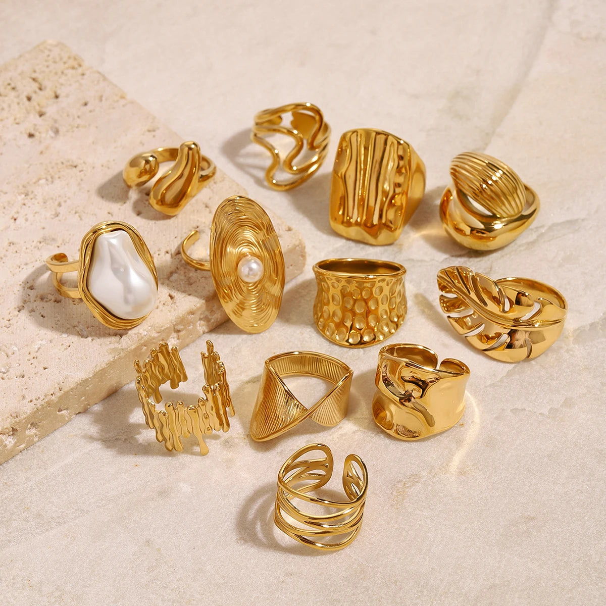 J&D Chunky Luxury Stainless Steel 18K Gold Plated Big Baroque Pearl Textured Irregular Rings