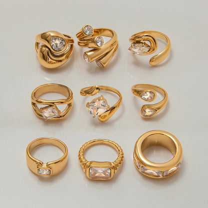 J&D 18K PVD Gold Plate Stainless Steel Rings Trendy Waterproof Delicate Zircon Adjustable Ring