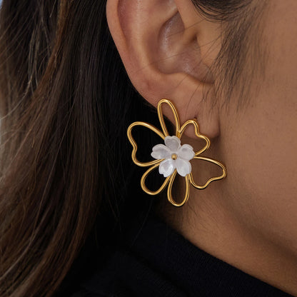 J&D Fashion Jewelry 18K Gold Plated Stainless Steel Square Oval Navette Pearl  Plexi Flower Stud Earrings
