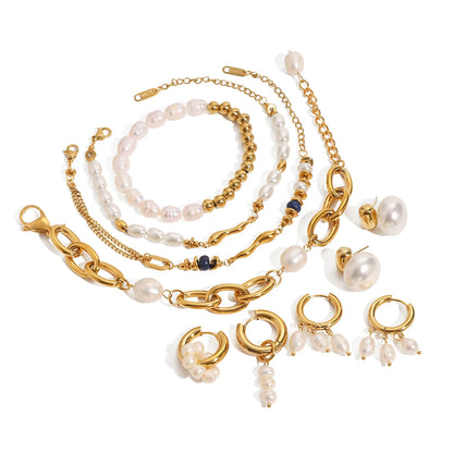 J&D Dainty Vintage Stainless Steel 18k Gold Plated Bracelets Freshwater Irregular Pearl Bracelets Set