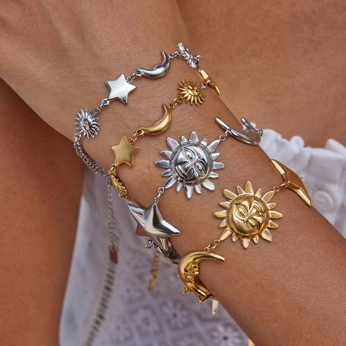 J&D Waterproof Beach Ocean Star Moon Bracelet Stainless Steel Stackable Coin Sun Pendant Bracelet Women's Jewelry
