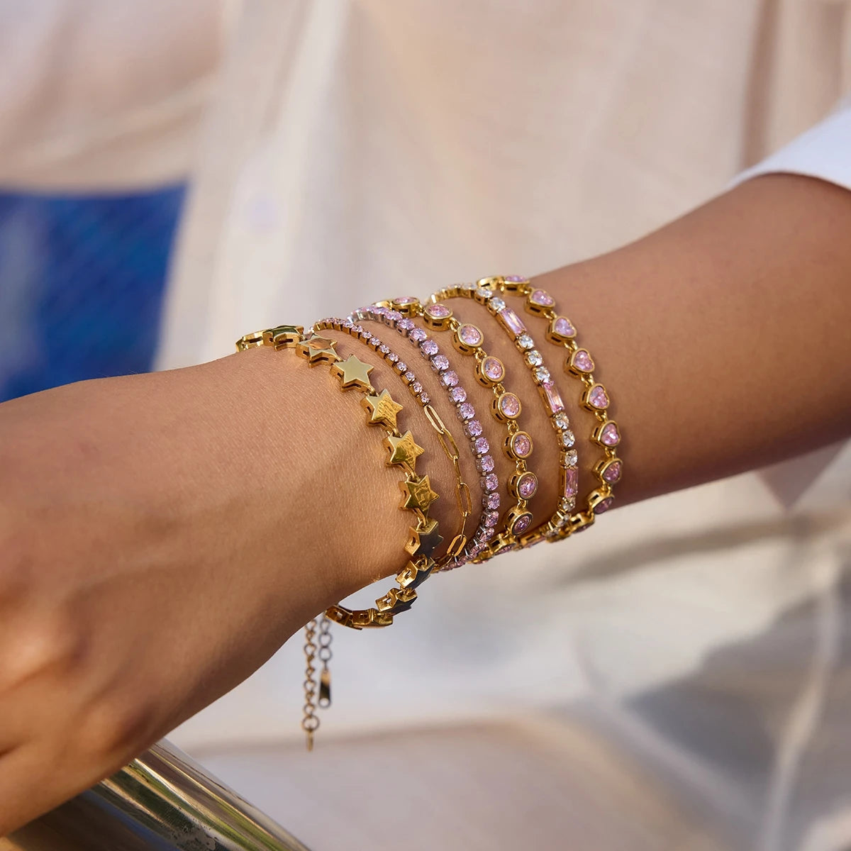 J&D 18K Gold Plate Stainless Steel Bracelet Classic Heart Pink Zircon Watch Strap Chain Tennis Bracelets