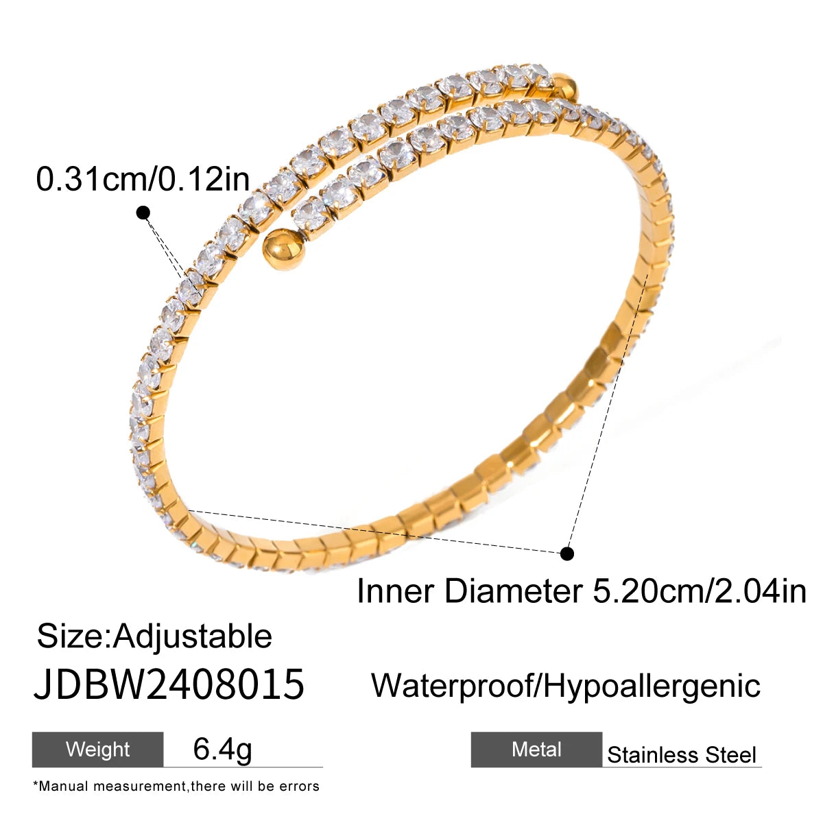 J&D 18k Gold Stainless Steel White Zircon Full Zircon Bracelet Glamorous Sparkling Finish Fashionable Bangles