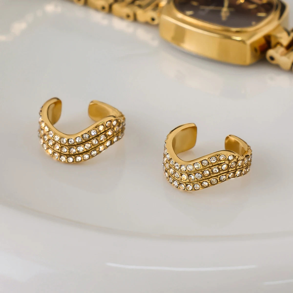J&D Classic Design Women 18K Gold Stainless Steel Three-layer White Rhinestone Wave Ear Cuff Earrings