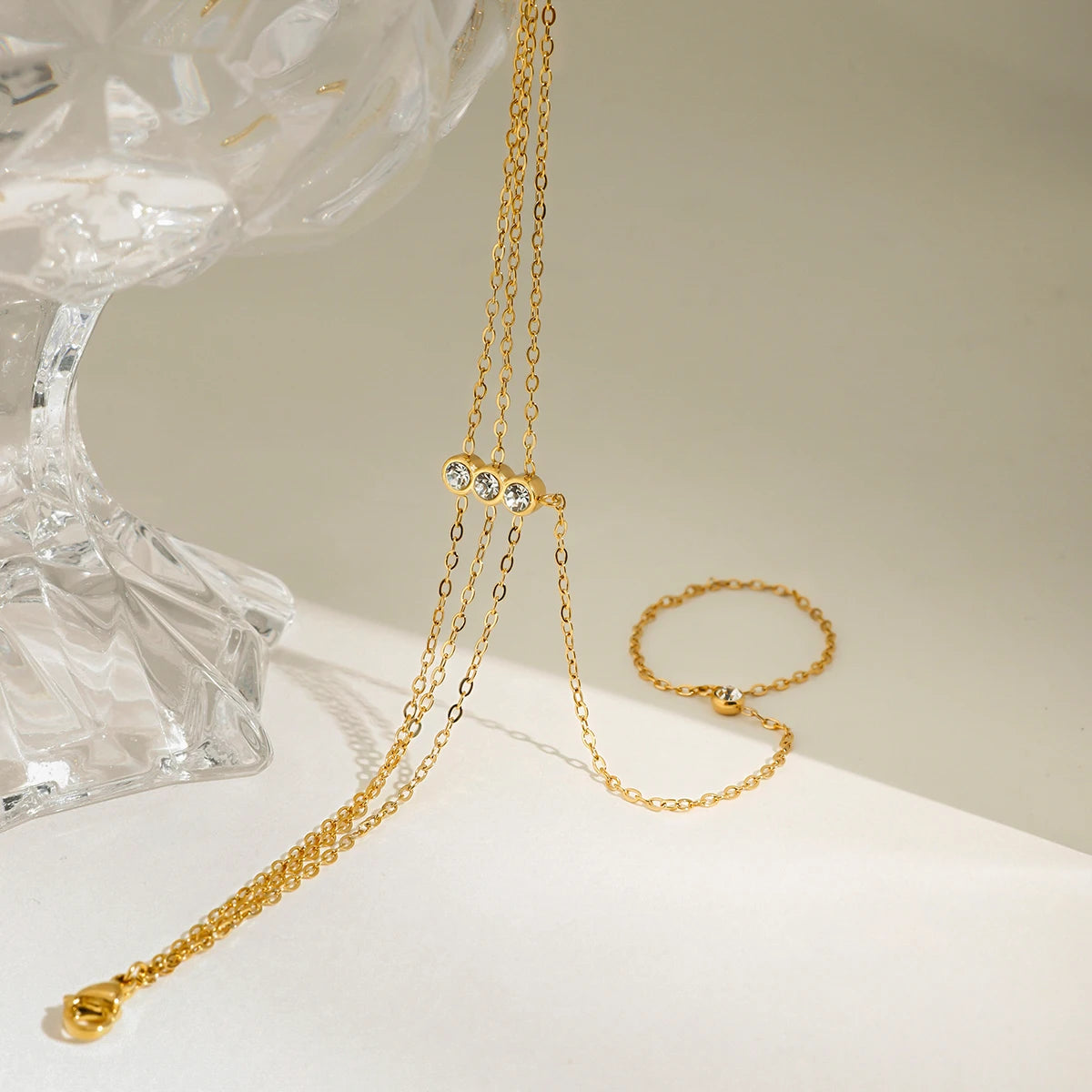 J&D 18K Gold Plated Stainless Steel Bracelets Holiday Fashion Jewelry Three-layer Zircon Hand Chain Finger Bracelet