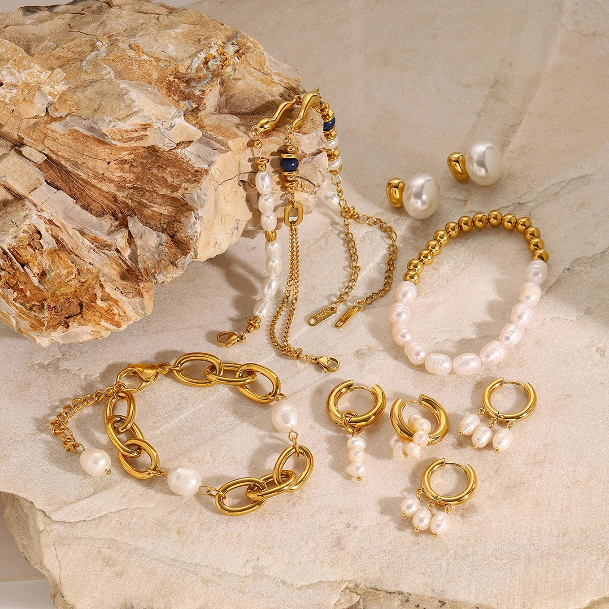 J&D Dainty Vintage Stainless Steel 18k Gold Plated Bracelets Freshwater Irregular Pearl Bracelets Set