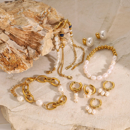 J&D Dainty Vintage Stainless Steel 18k Gold Plated Bracelets Freshwater Irregular Pearl Bracelets Set