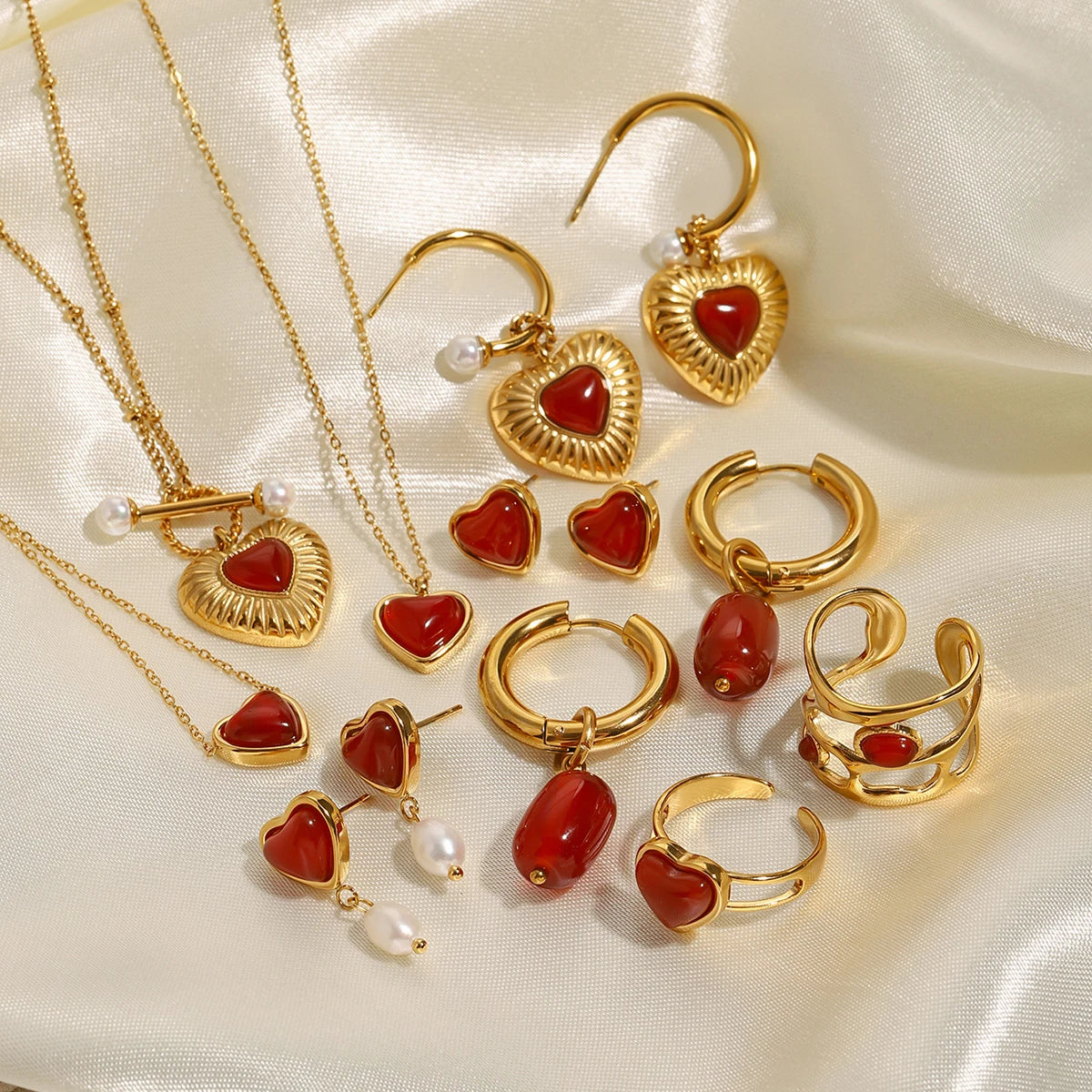 J&D Jewelry 18K Gold Stainless Steel Red Agate Natural Stone Pendant Necklace Rings Earrings Christmas Gift
