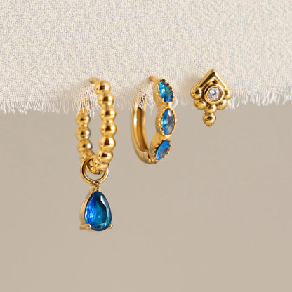 J&D Jewelry Sweet 3-Piece Blue Zirconia Earring Set 18K Gold PVD Stainless Steel Waterproof Drop Huggie Stud Earrings for Women