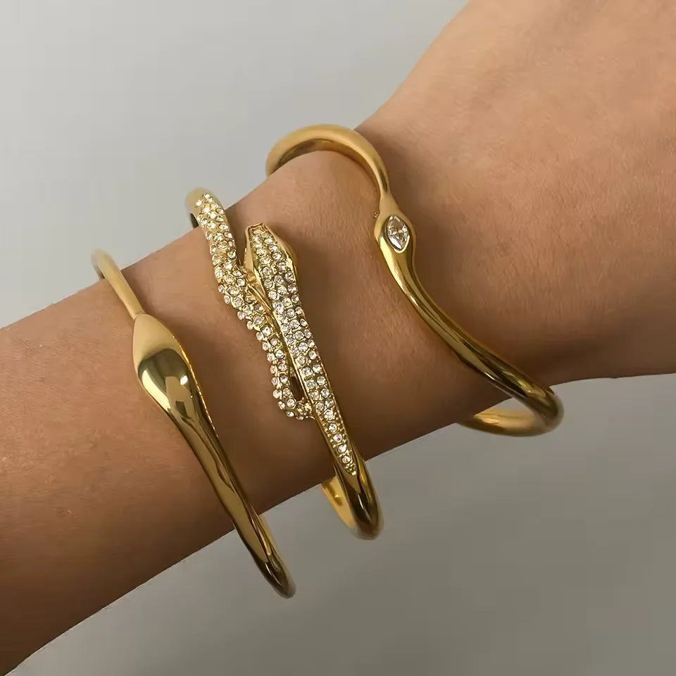 J&D Minimalist Stainless Steel 18K Gold Spirit Snake Bracelets Irregular Stackable Zircon Bracelets