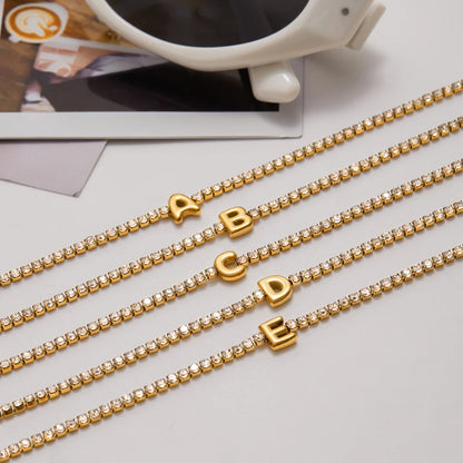 J&D Classic Style 18K Gold Stainless Steel White Rhinestone Chain Tennis Letter Bracelets for Women