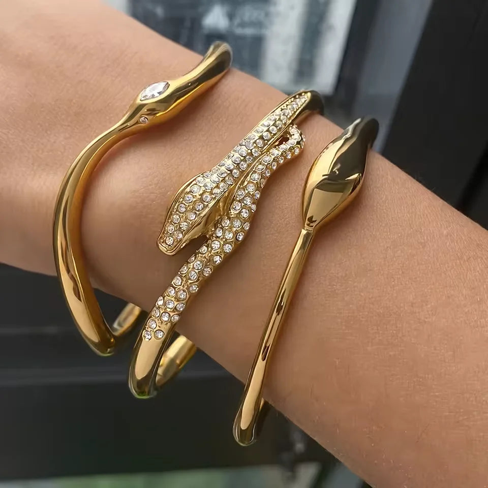 J&D Minimalist Stainless Steel 18K Gold Spirit Snake Bracelets Irregular Stackable Zircon Bracelets