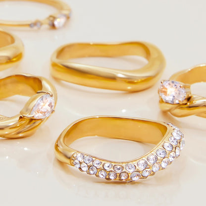 J&D 18K PVD Gold Plated Stainless Steel Rings Classic Trendy White Zircon Oval Braided Pattern Ring