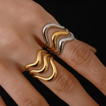 J&D 18k Gold Stainless Steel Adjustable Ripple Wave Cutout Open Ring Trendy Irregular Hollowed Minimalist Style