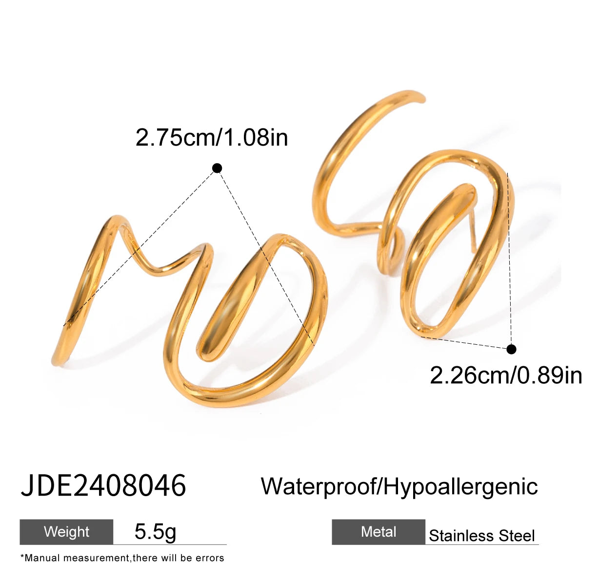 J&D 18k Gold Stainless Steel Design-Inspired Twisted Line Earrings Left and Right Pair Unique Accessory