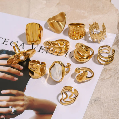 J&D Chunky Luxury Stainless Steel 18K Gold Plated Big Baroque Pearl Textured Irregular Rings