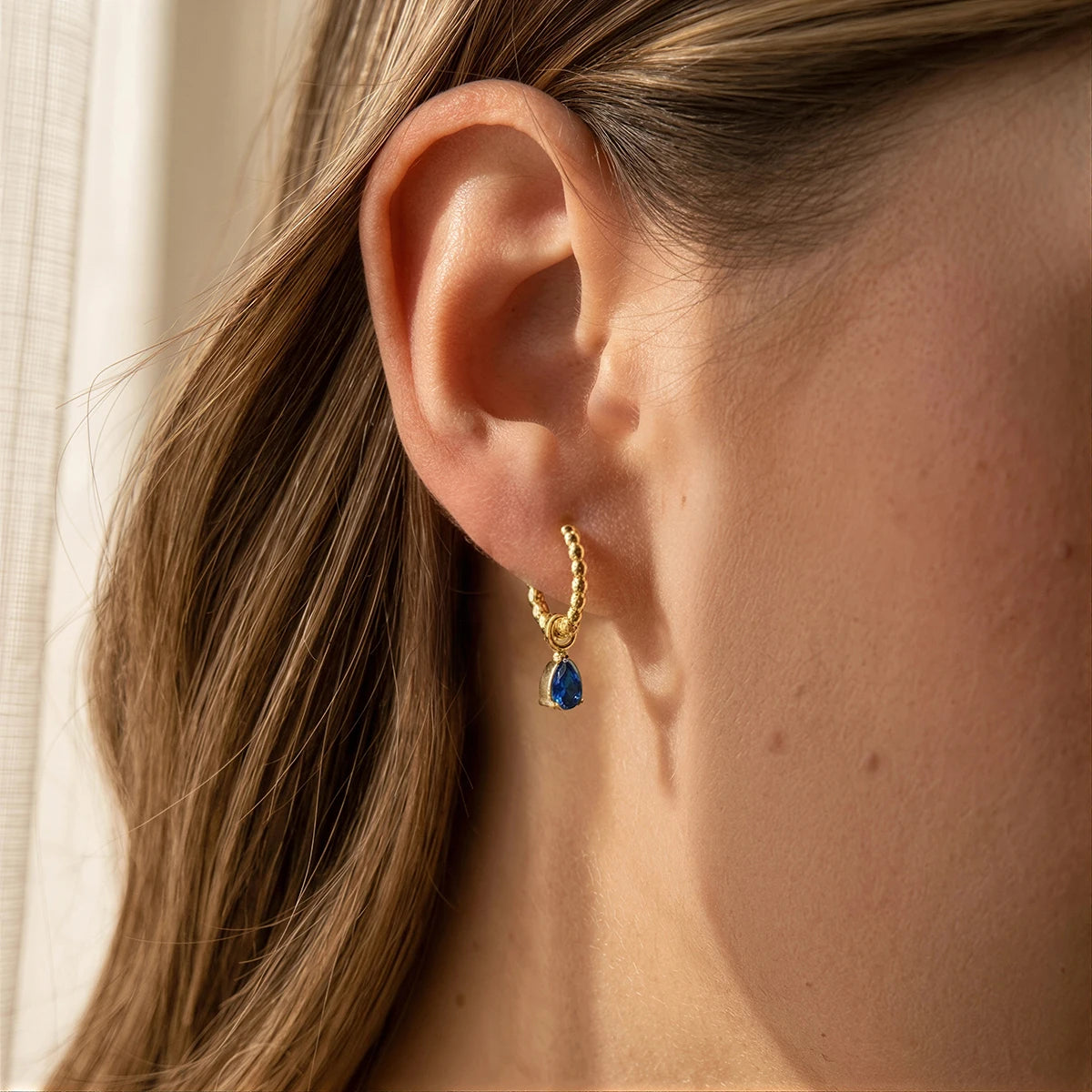 J&D Jewelry Sweet 3-Piece Blue Zirconia Earring Set 18K Gold PVD Stainless Steel Waterproof Drop Huggie Stud Earrings for Women