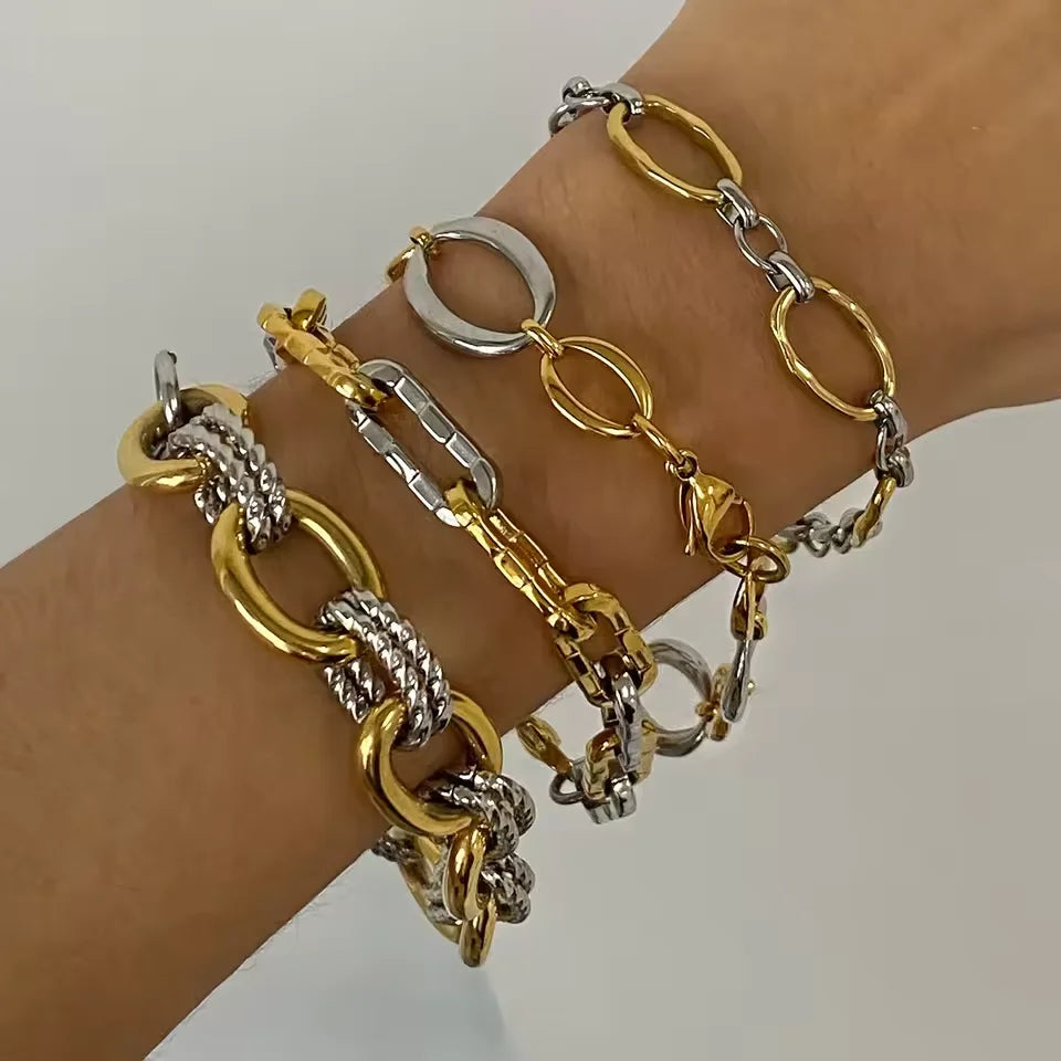 J&D Minimalist Two Tone Chain Bracelet Stackable 18k Gold Plated Chain Dainty Wedding Jewelry Modern Layered Aesthetic Trending