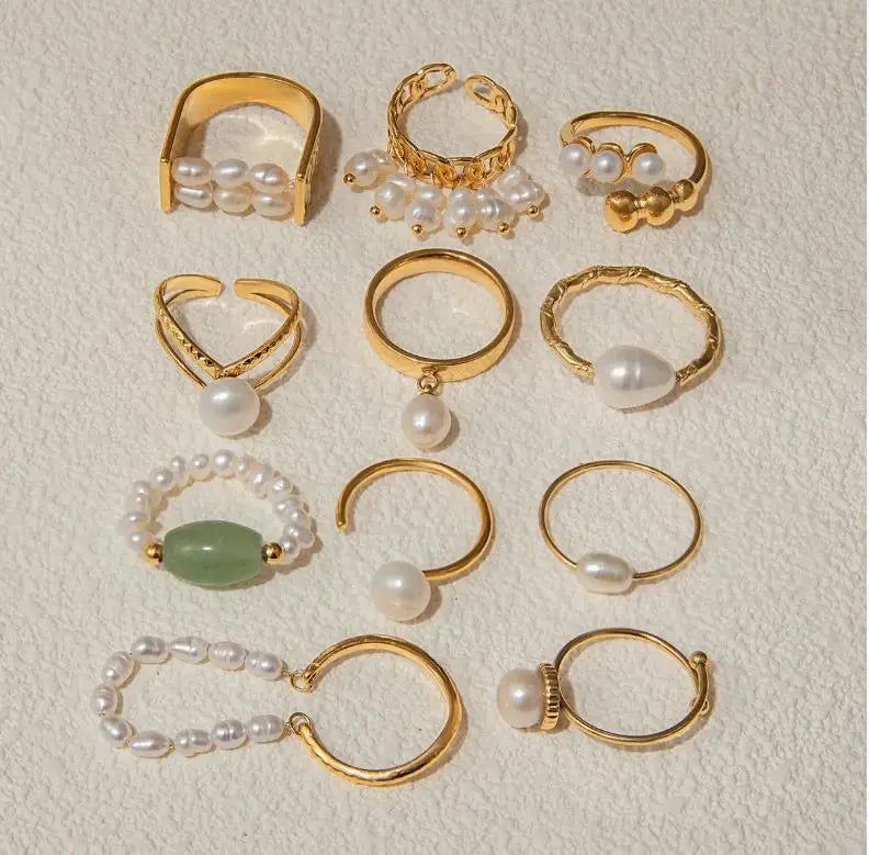 J&D 18K Real Gold Plated Stainless Steel Tarnish Free Waterproof Freshwater Pearl Jade Rings