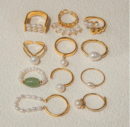 J&D 18K Real Gold Plated Stainless Steel Tarnish Free Waterproof Freshwater Pearl Jade Rings