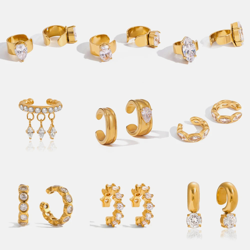 J&D Large Zircon Cuff Earring for Women Real Gold Plated Tassel Luxury Solitaire Cuff Earring