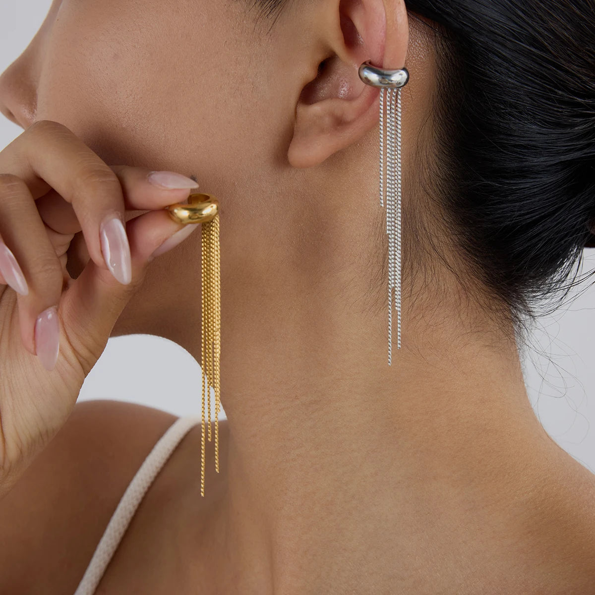 J&D Gold Steel Colored Trending Punk Style Tassel Ear Clip One Piece Ear Cuff