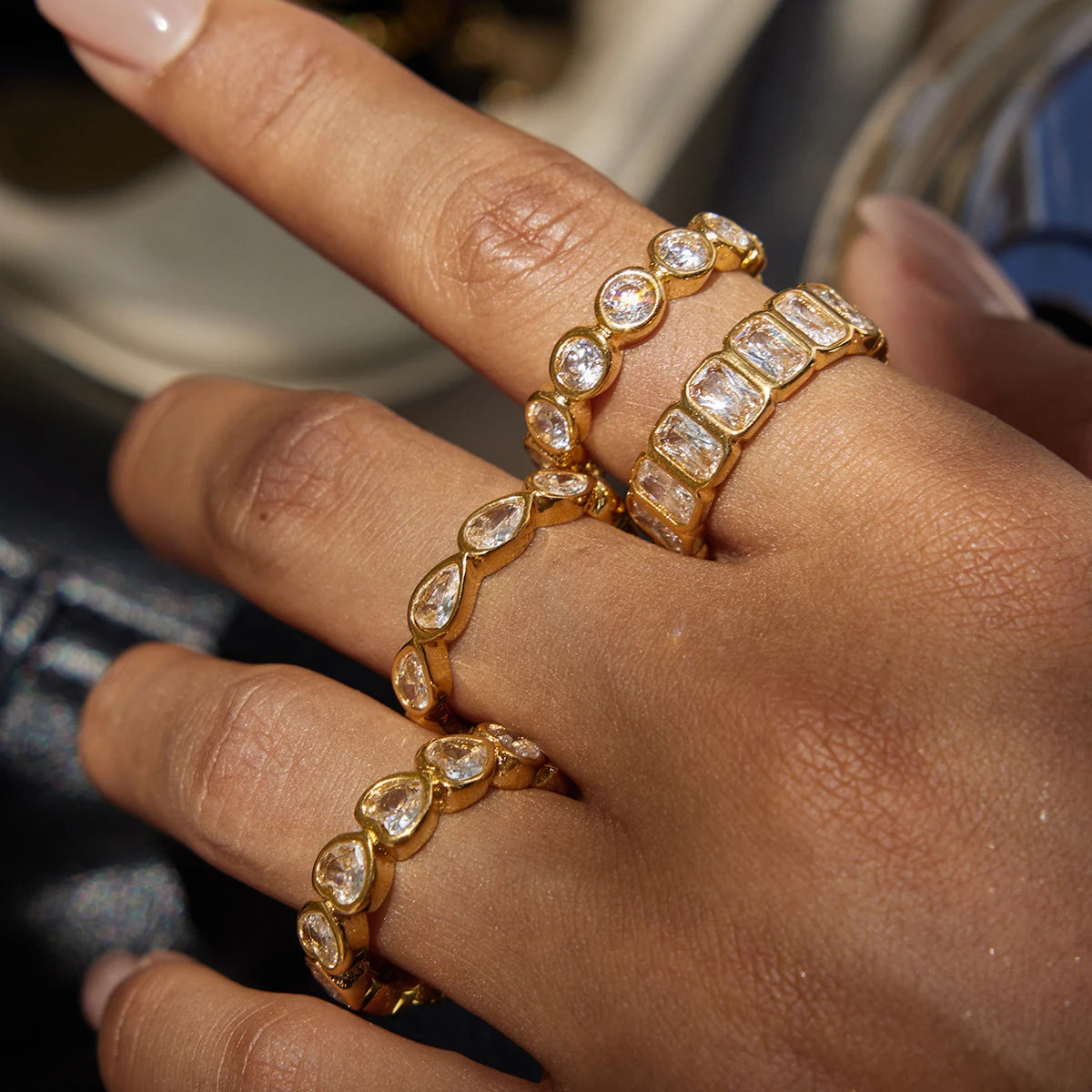 J&D Minimalist 18K Gold Plated Stainless Steel Round Rectangle Heart TearDrop CZ Cubit Zircon Stack Rings