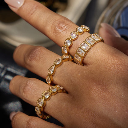 J&D Minimalist 18K Gold Plated Stainless Steel Round Rectangle Heart TearDrop CZ Cubit Zircon Stack Rings