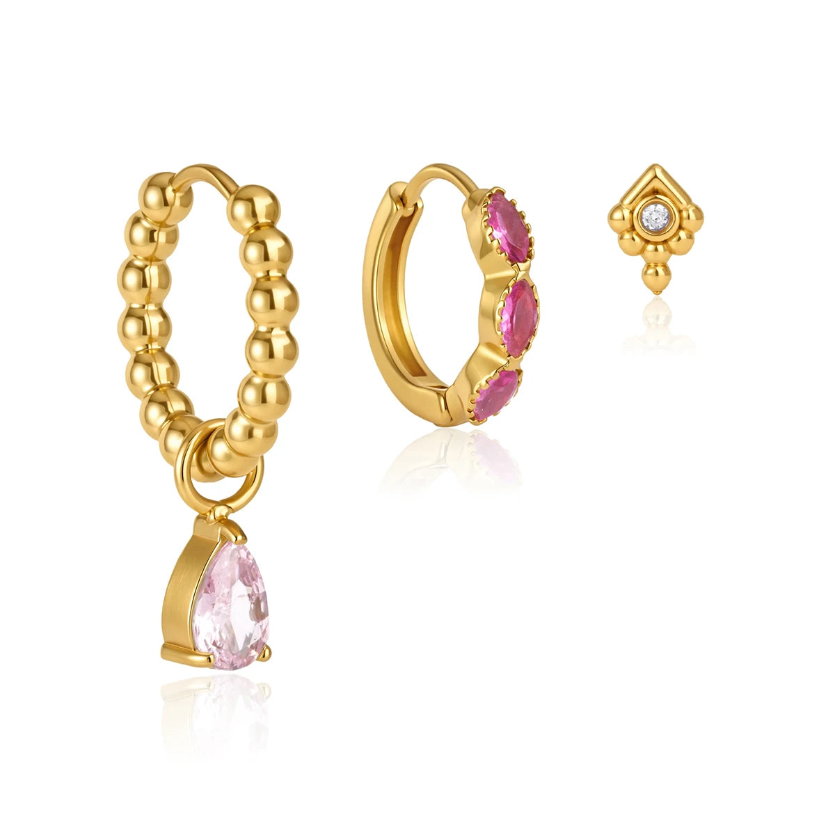 J&D Jewelry Sweet 3-Piece Pink Zirconia Earring Set 18K Gold PVD Stainless Steel Waterproof Drop Huggie Stud Earrings for Women