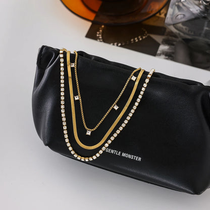 J&D Luxury 18K Gold Stainless Steel square Zircon Pendant Rhinestone Chain Blade Chain Multi-layer Necklaces