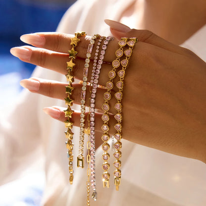 J&D 18K Gold Plate Stainless Steel Bracelet Classic Heart Pink Zircon Watch Strap Chain Tennis Bracelets