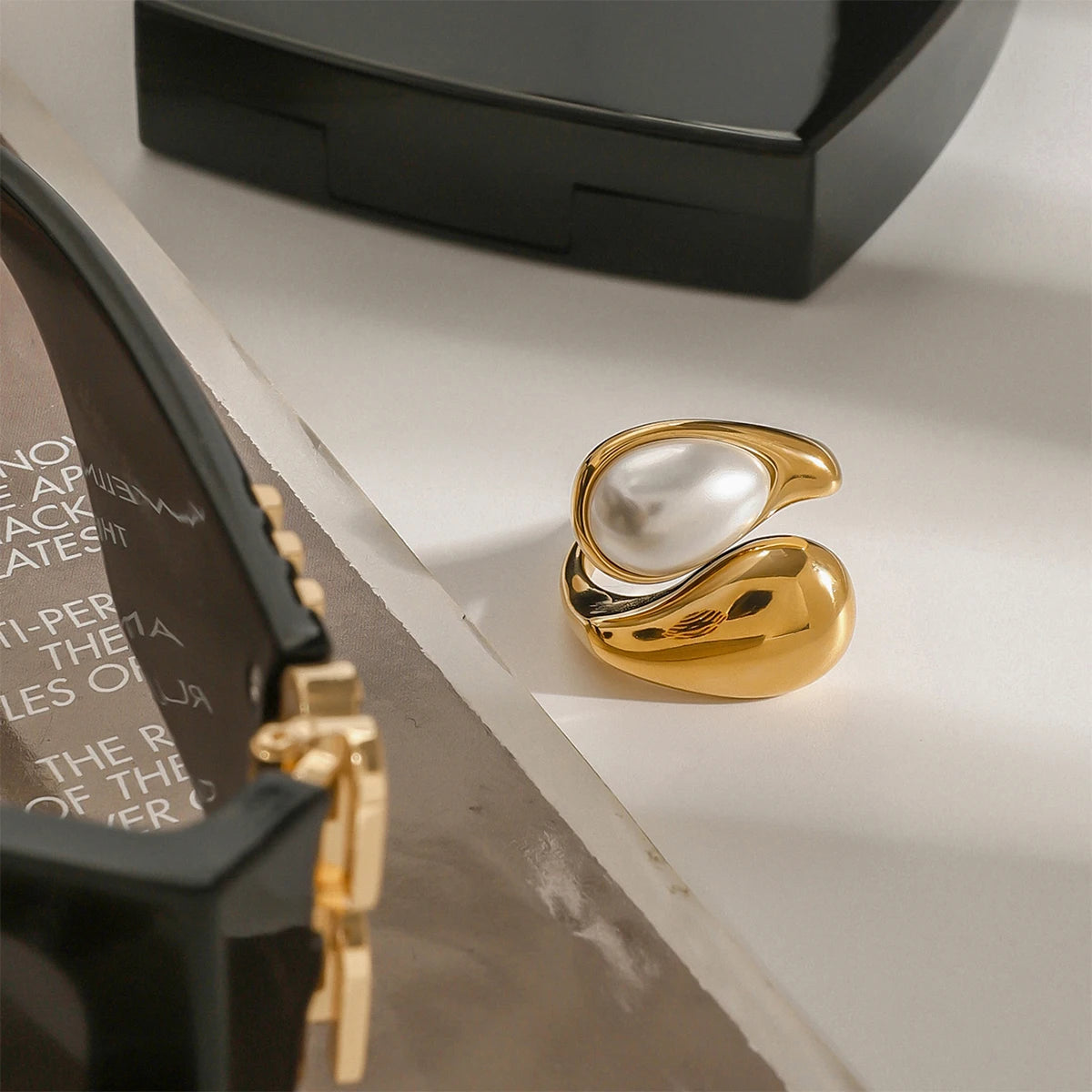 J&D Elegant Style Faux Pearl Drop Ring 18K Gold Stainless Steel Waterdrop Inlaid Minimalist Fashion Open Ring for Women