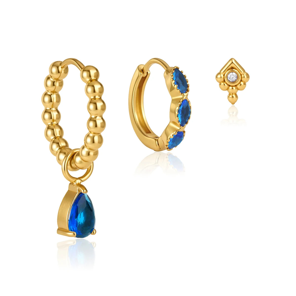 J&D Jewelry Sweet 3-Piece Blue Zirconia Earring Set 18K Gold PVD Stainless Steel Waterproof Drop Huggie Stud Earrings for Women
