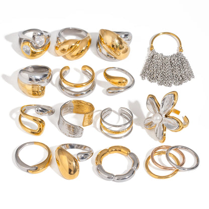 J&D Luxury Chunky Stainless Steel 18K Gold Rings Layered Two Tone Water Drop Zircon Rings Set