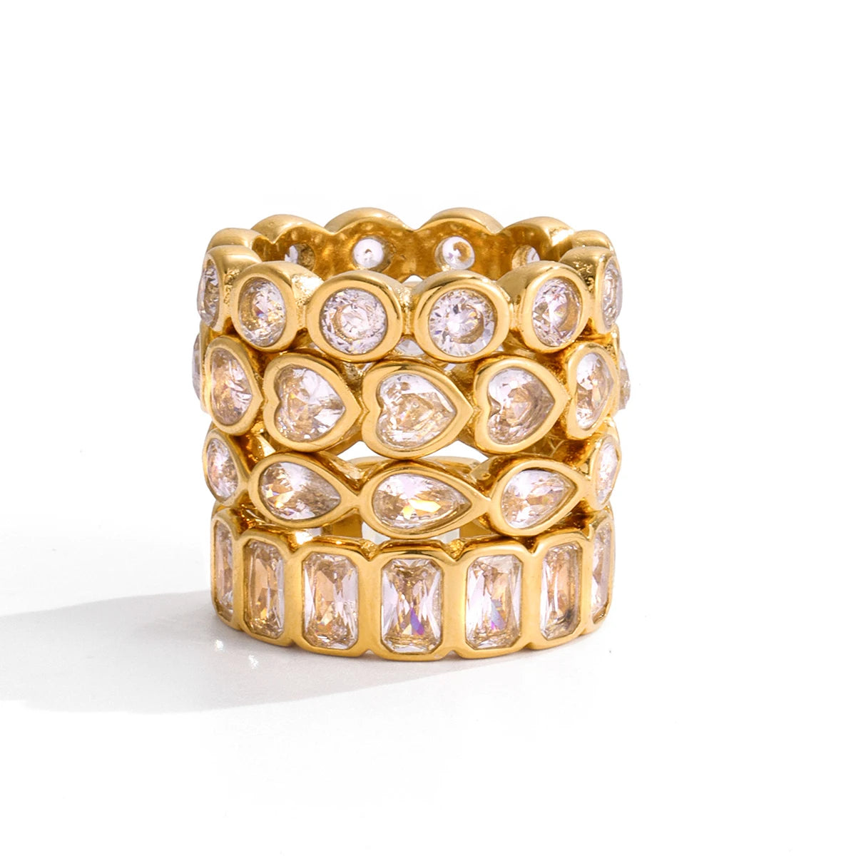J&D Minimalist 18K Gold Plated Stainless Steel Round Rectangle Heart TearDrop CZ Cubit Zircon Stack Rings