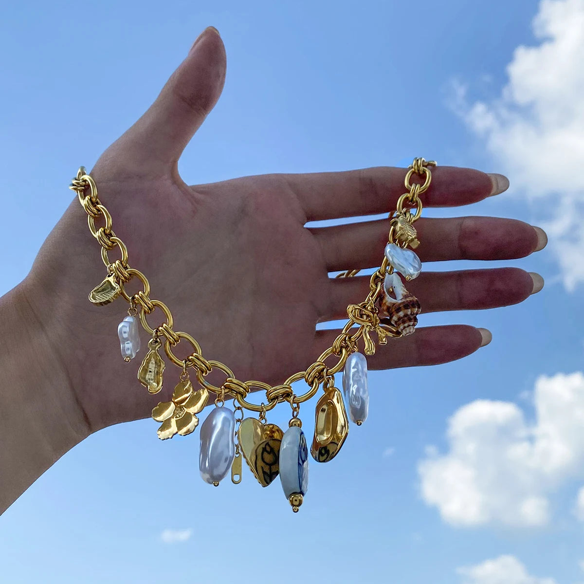 J&D 18K Gold Plating Stainless Steel Heart Shell Ceramic Coral  Starfish Conch Sea  Snail Fish Pearl Shell Ocean Charms Necklace