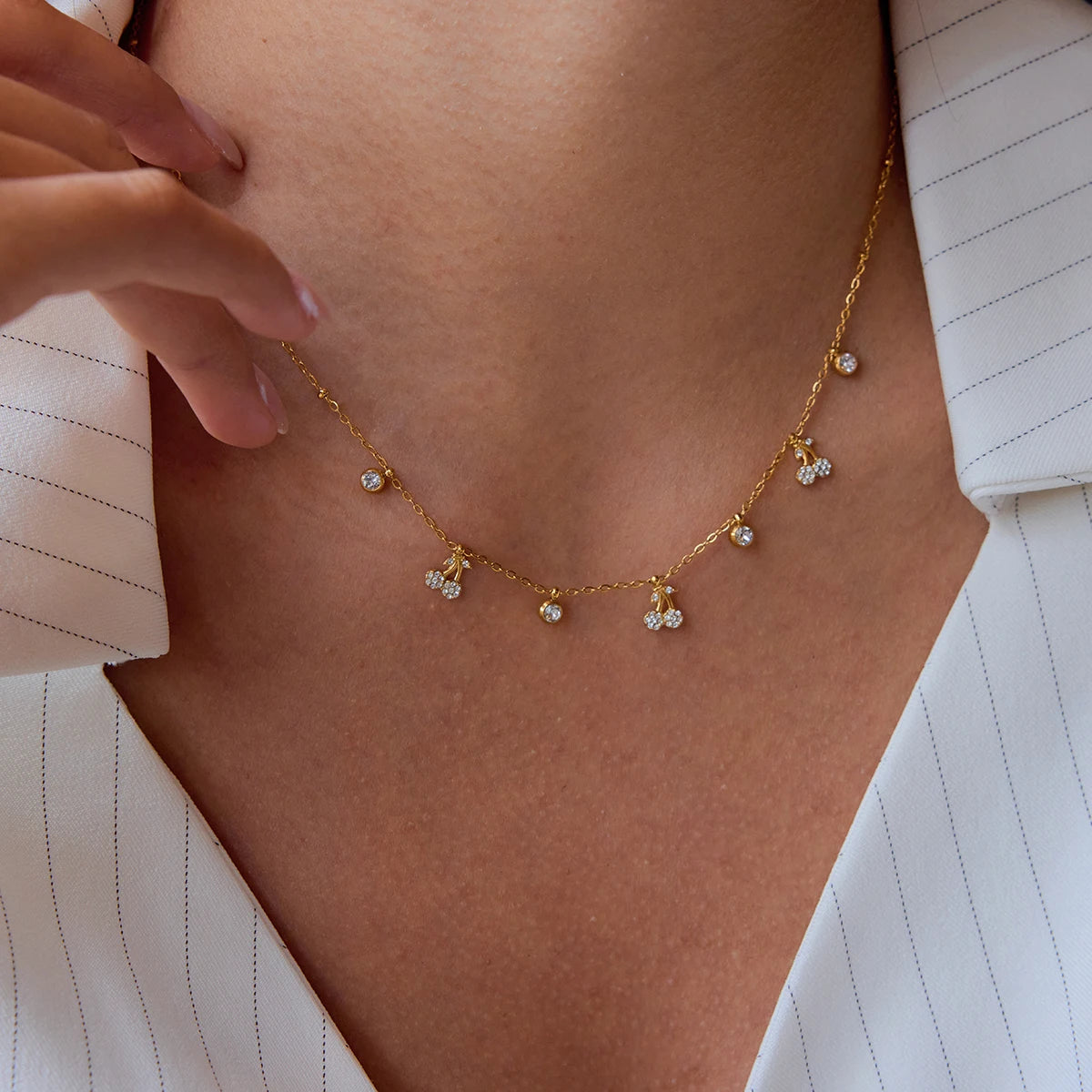 J&D Classic Jewelry 18K Gold Stainless Steel Dainty Necklaces Women Rhinestone Cherry Charms Necklaces