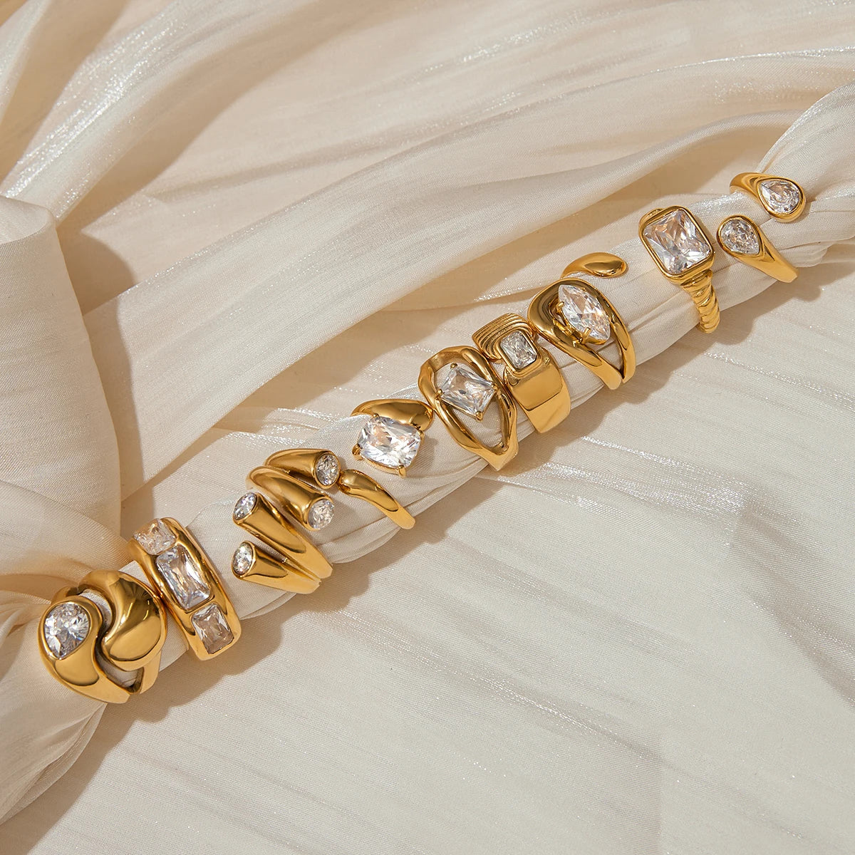 J&D 18K PVD Gold Plate Stainless Steel Rings Trendy Waterproof Delicate Zircon Adjustable Ring
