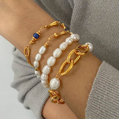 J&D Dainty Vintage Stainless Steel 18k Gold Plated Bracelets Freshwater Irregular Pearl Bracelets Set