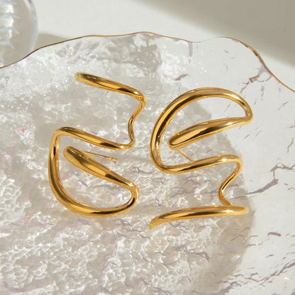 J&D 18k Gold Stainless Steel Design-Inspired Twisted Line Earrings Left and Right Pair Unique Accessory