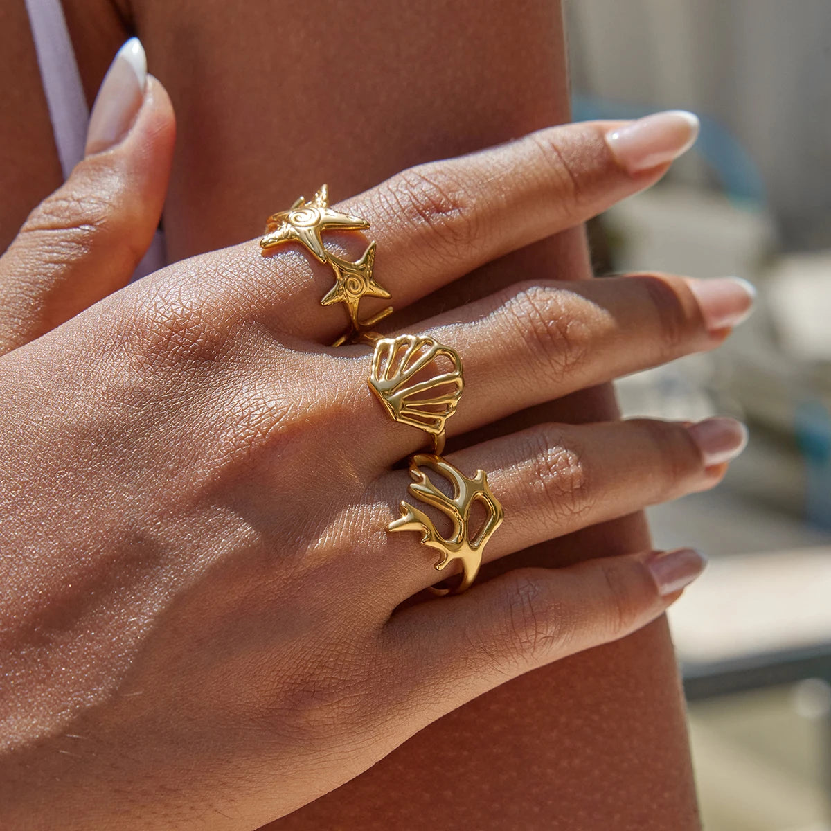 J&D Women's Coastal Rings Set 18K Gold Plated Open Shell Coral Starfish Adjustable Stackable Minimalist Rings Ocean Jewelry
